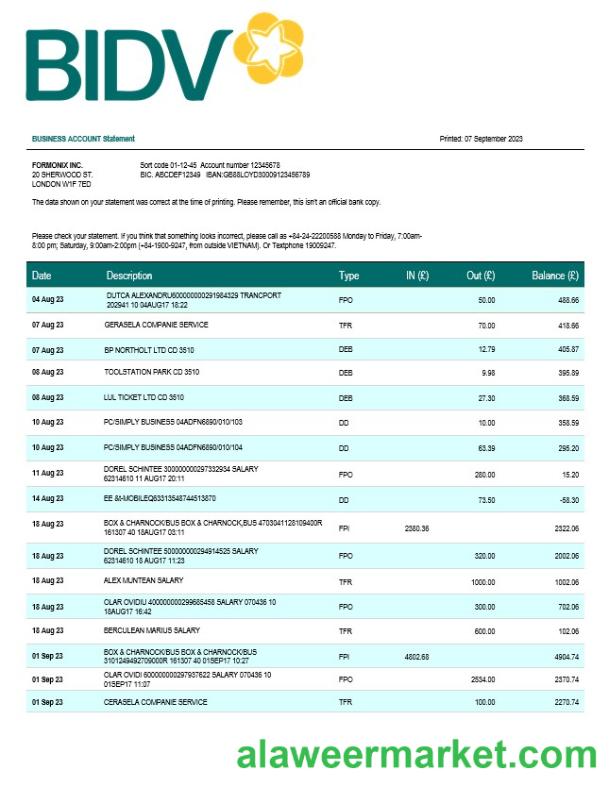 Bank for Investment and Development of Vietnam (BIDV) business statement Word and PDF template